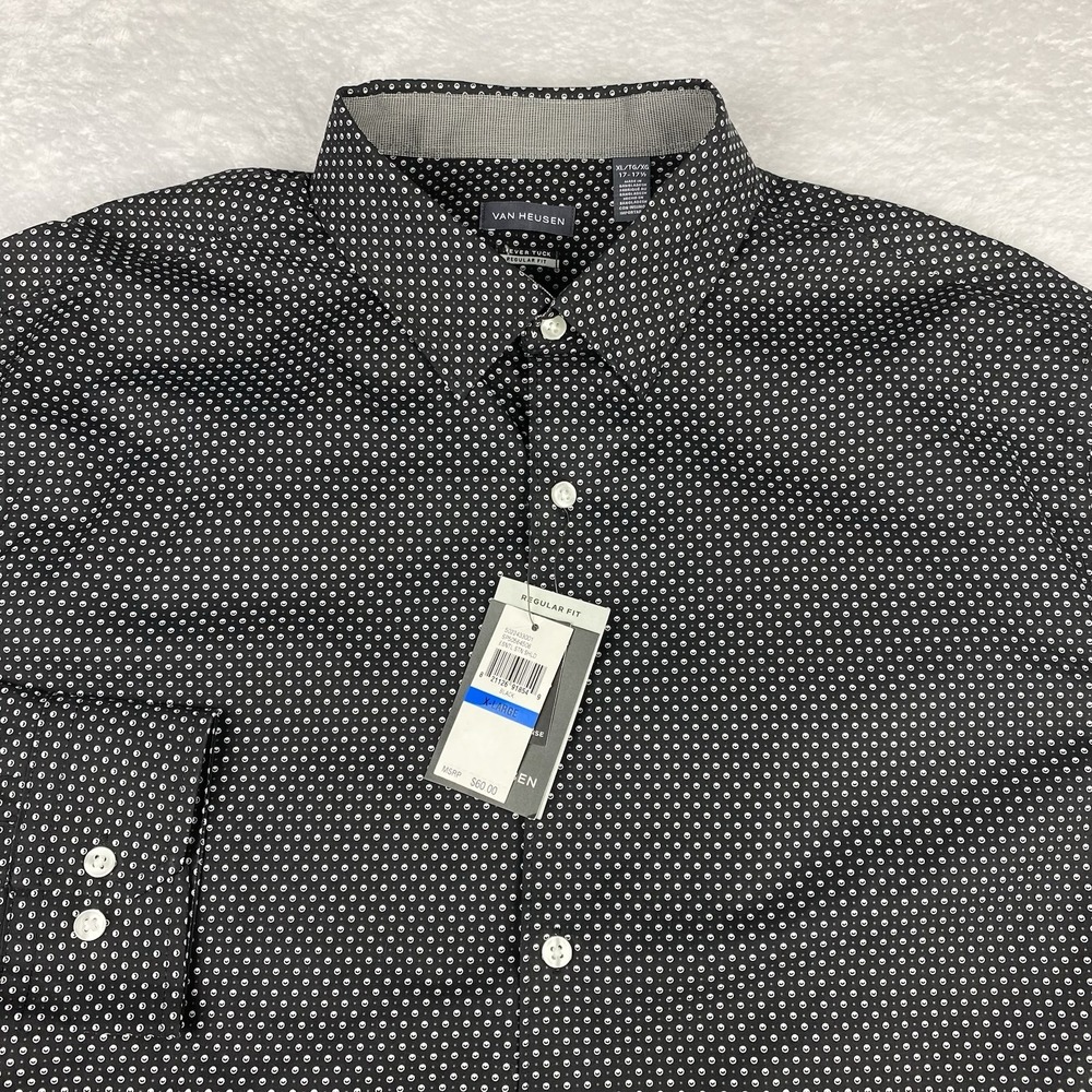 Van Heusen Dress Shirt Mens XL (17-17.5) Black Geometric Never Tuck Regular NWT!
